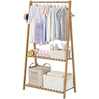 Kids Clothing Rack for Hanging Clothes Portable Clothes Rack Wooden Drying Rack Clothing Standing Bamboo Garment Rack with Shelves Laundry Rack for Drying Clothes Indoor