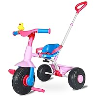 KRIDDO 2 in 1 Kids Tricycles Age 18 Month to 3 Years, Gift Trikes for Toddlers 2 to 3 Year Old with Push Handle and Duck Bell, Pinky
