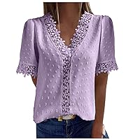 T Shirts for Women, Women's Fashion Short Sleeve V Neck Solid Colour Lace Casual Shirt Top Undershirt, S, XXL