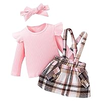 iiniim Toddler Baby Girls Fall Outfits Ribbed Long Sleeve Shirt Tops + Plaid Suspender Skirt Clothes Set