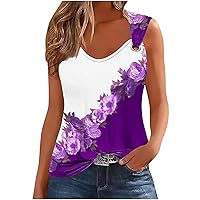 Womens Tank Tops Summer Casual V Neck O Ring Shoulder Cami Tanks Vintage Floral Print Sleeveless Loose Fit T-Shirt