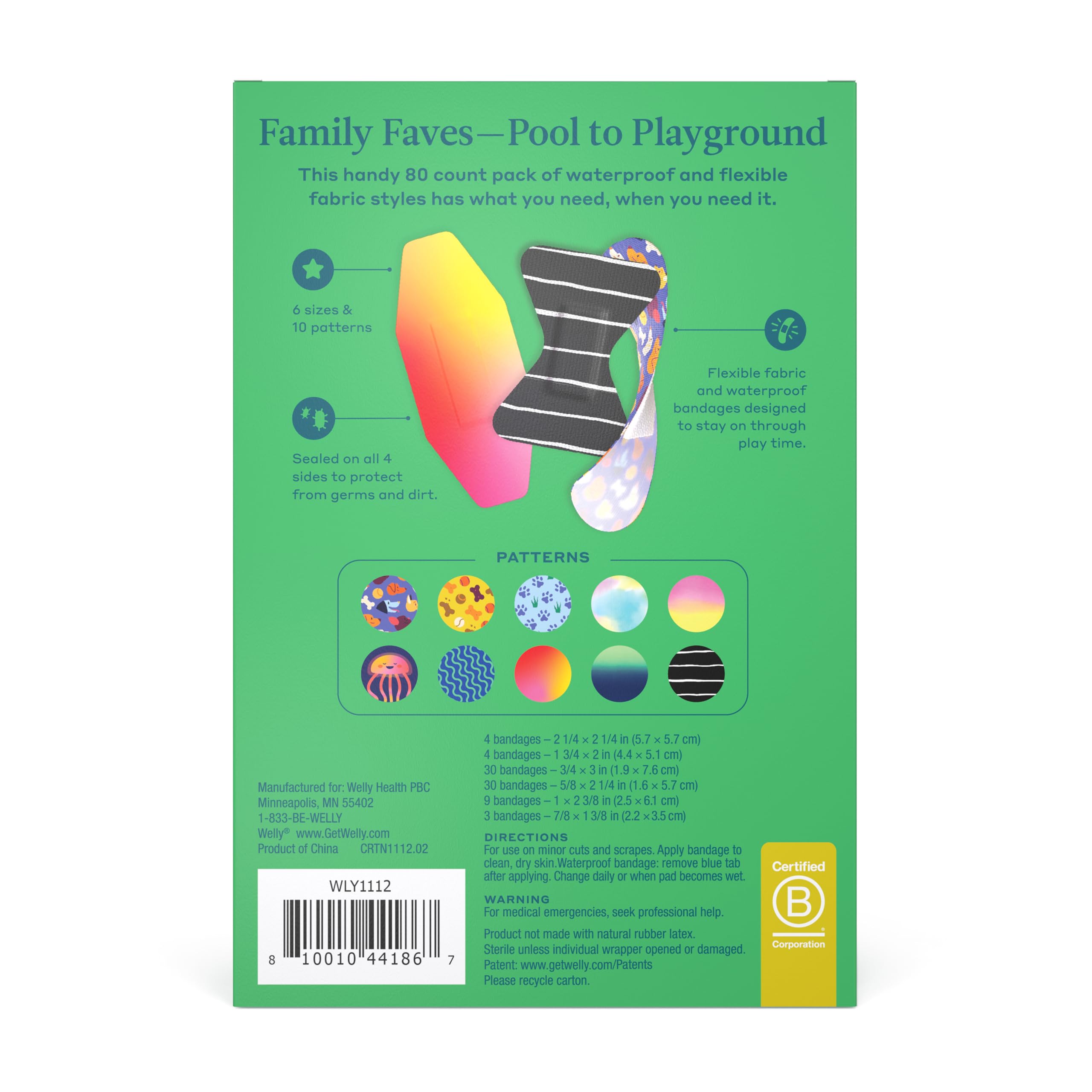 Welly Bandage Family Pack | Adhesive Flexible Fabric & Waterproof Bandages | Assorted Shapes and Patterns for Minor Cuts, Scrapes, and Wounds - 80 Count