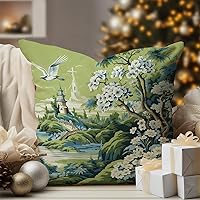 Pagoda Garden Imperial Green Chinoiserie Decorative Throw Pillow Covers - Classic Pillow Shams - Chinoiserie Couch Pillow Cases for Patio Couch She Shed 18x18 Inches