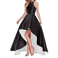 Women's Halter High Low Evening Party Dress Satin Prom Dresses Sleeveless 10 Black+white
