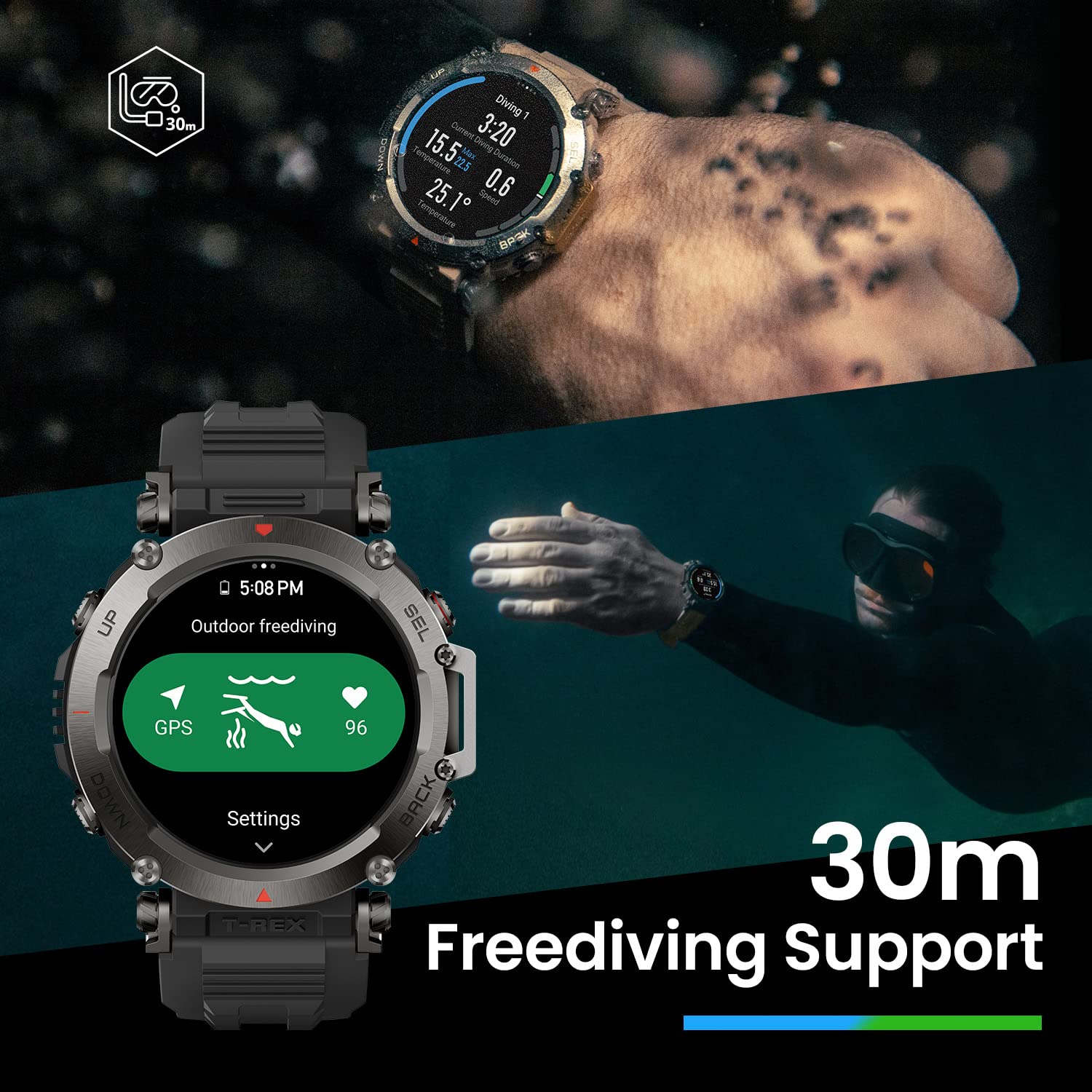 Amazfit T-Rex Ultra Smart Watch for Men, 20-Day Battery Life, 30m Freediving, Dual-Band GPS & Offline Map Support, Mud-Resistant & 100m Water-Resistant, Military-Grade Outdoor GPS Sports Watch, Black