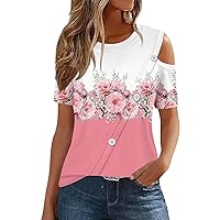 Cold Shoulder Tops for Women, Summer 2024 T Shirts Button Vintage Graphic Tees Tshirts, S XXXL