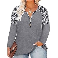 RITERA Tops for Women Plus Size Casual Long Sleeve Shirts Oversized V Neck with Button Basic Grey Colorblock Leopard Henley Shirts Winter Pullover Tshirts Blouse 1Xl 14W 16W