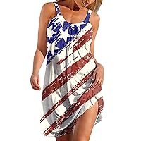 Wirziis 4th of July Dress for Women Summer Sexy Sleeveless Sling Loose Sundress Fashion American Flag Print Beach Dress