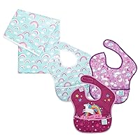 Bumkins Bibs for Girl or Boy, SuperBib Baby and Toddler for 6-24 Months, Essential Must Have for Eating, Feeding Set, Splat Mat for Under High Chair, Mess Saving, Fabric 3-pk Unicorns and Rainbows