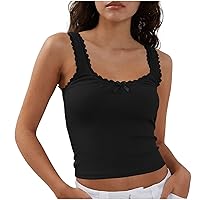 Women Y2k Lace Trim Tank Crop Top Sleeveless Ribbed Slim Fit Shirt Knit Cami Aesthetic Going Out Summer Streetwear