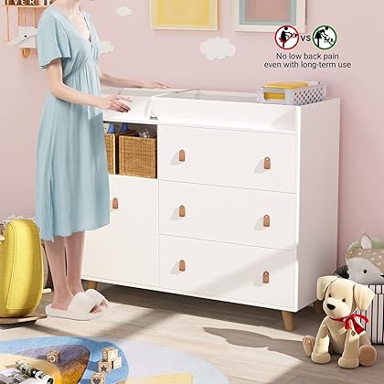 Timechee Baby Changing Table Dresser, Modern Nursery Changing Dresser Chest with 3 Drawers & 1 Shelf, Diaper Changing Pad, Storage Changing Dresser (White)