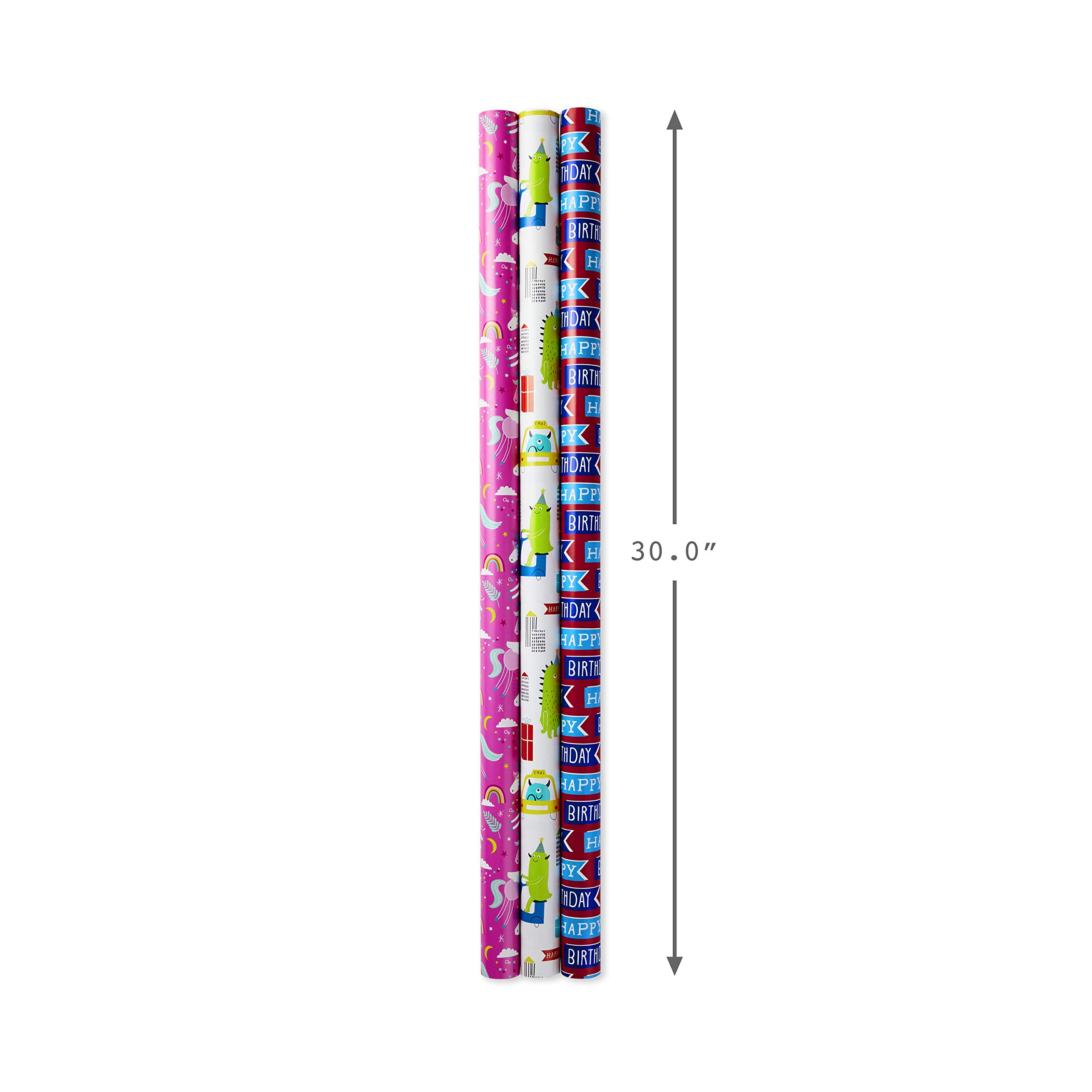 Hallmark Reversible Kids Birthday Wrapping Paper (3 Rolls: 120 sq. ft. ttl.) Monsters and Unicorns, Polka Dots, Chevron, Pink, Teal, Blue, Red, Orange, Lime Green