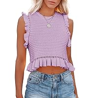 PiePieBuy Women's Summer Knit Tank Tops Crew Neck Sleeveless Cami Shirts Tees Ruffle Sweater Vest