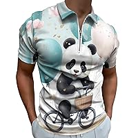 Cute Giant Panda Mens Polo Shirts Quick Dry Short Sleeve Zippered Workout T Shirt Tee Top