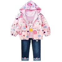 Peacolate Spring Autumn Little Girl 3pcs Set Print Long Sleeve T Shirt Hoodie Jacket and Embroidered Jeans(Pink,2-3 Years)