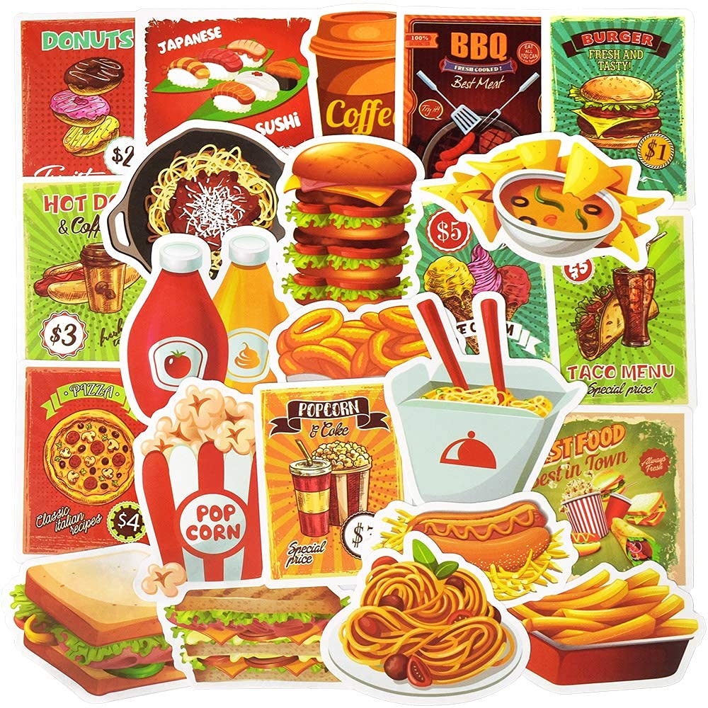 QTL Food Stickers for Kids Cute Food Stickers for Water Bottles Stickers  for Adults Teens Laptop Stickers Waterproof Fast Food Stickers Packs 50Pcs