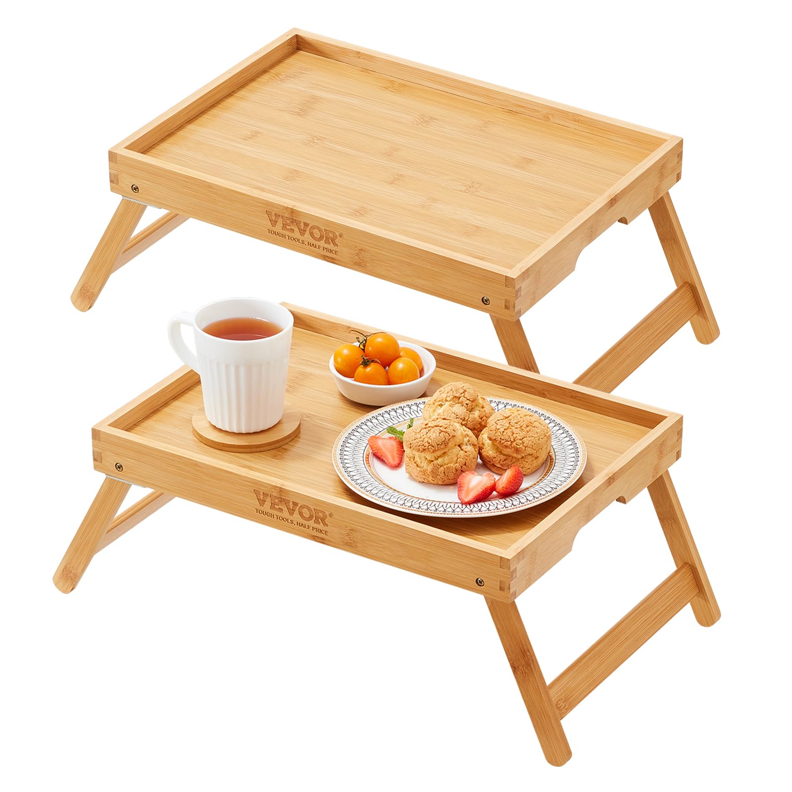 VEVOR 2-Pack Bed Tray Table with Foldable Legs, Bamboo Breakfast Tray for Sofa, Bed, Eating, Snacking, and Working, Folding Serving Laptop Desk Tray, Portable Food Snack Platter for Picnic, 15.7