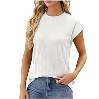 Summer Textured Tee Tops Women's Casual Cap Sleeve Crewneck T-Shirts 2024 Elegant Plain Loose Fit Dressy Undershirt