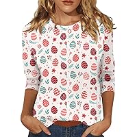 Easter 3/4 Sleeve Tee Womens Tshirt Round Neck Tops Fashion Shirt Egg Print Summer Trendy Blouse Plus Size Summer Tunic