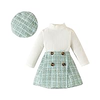 VISGOGO Toddler Girl Skirts Outfit Ribbed Long Sleeve Tops Plaid Tweed Pattern Skirt Beret Baby Fall Winter Clothes