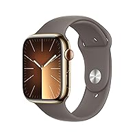 Apple Watch Series 9 [GPS + Cellular 45mm] Smartwatch with Gold Stainless Steel Case with Clay Sport Band M/L. Fitness Tracker, ECG Apps, Always-On Retina Display