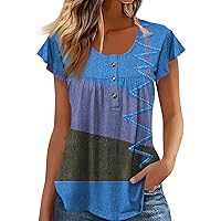 Fringe Tops for Women Western Shirts for Women Womens Hawaiian Shirts and Blouses Plus Size Short Sleeve Tops Loose Tunic Printed Button Round Neck T-Shirts Royal Blue 3X-Large