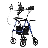 Upright Walker, Stand Up Rollator Walker with Padded Seat and Backrest, Lightweight, Compact Folding, Fully Adjustment Frame for Seniors, Blue