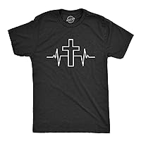 Mens Cross Heart Beat T Shirt Funny Cool Pulse Monitor Religious Tee for Guys