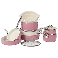 Oprah's Favorite Things - 12 Piece Aluminum Pots and Pans Cookware Set w/Non-toxic Ceramic Non-stick, Ceramic Steamer Insert, & 12 Protective Care Bags - Pink Orchid