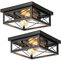 2-Light Industrial Square Flush Mount Ceiling Light, Farmhouse Ceiling Light Fixture for Kitchen, Modern Black Close to Ceiling Light for Hallway Bedroom Balcony Porch Stairway, E26, 2-Pack