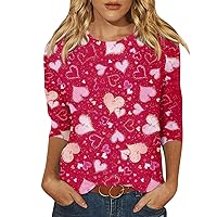 Valentines Day Womens Tops 3/4 Sleeve Crewneck Cute Shirts Casual Print Tops Three Guarter Length T Shirt Pullover