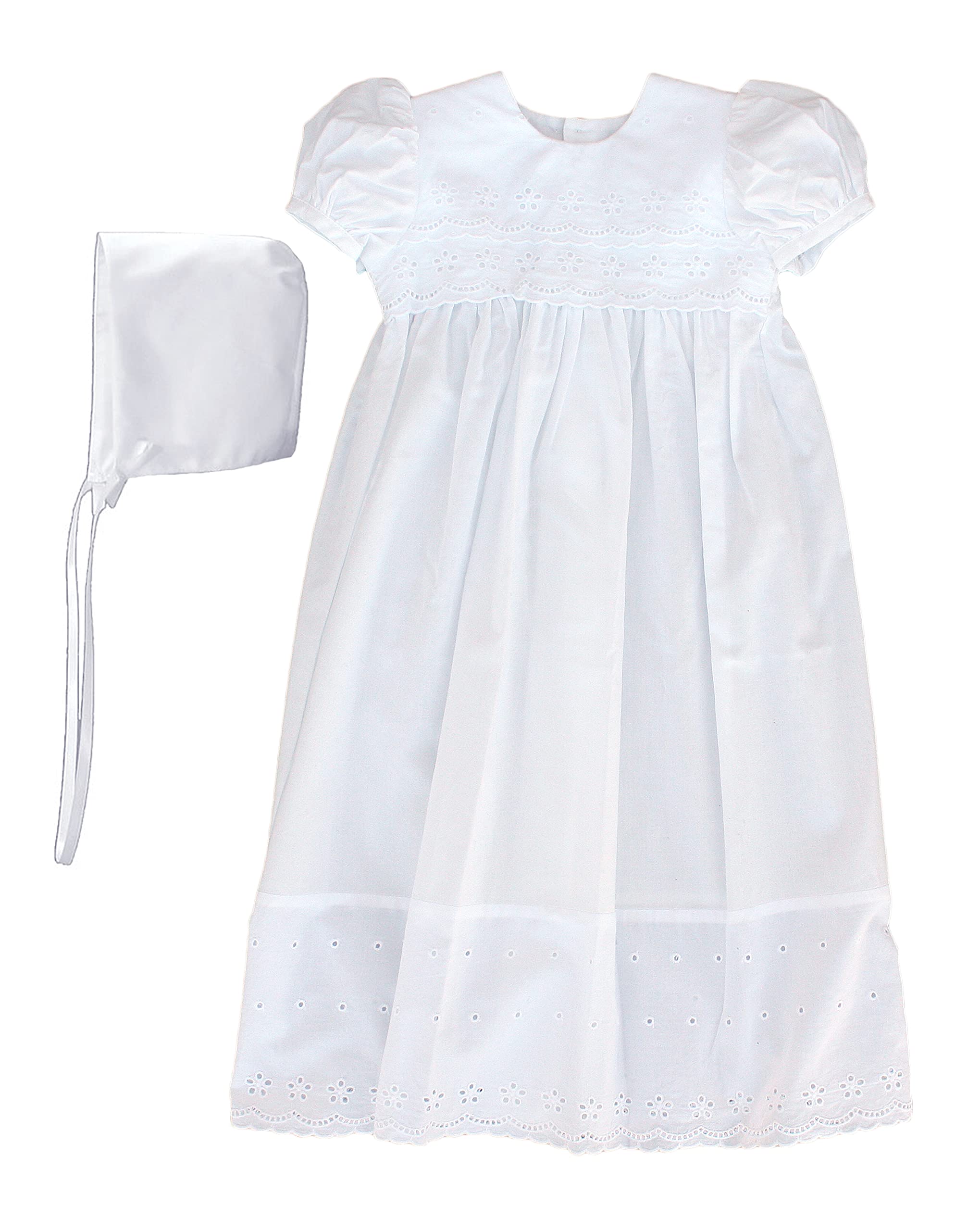 White Cotton Christening Baptism Gown with Lace Border with Bonnet