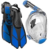 COZIA DESIGN Snorkeling Gear for Adults with Fins - Full Face Snorkel Mask and Swim Fins, 180° Panoramic View Snorkel Mask, Anti Fog and Anti Leak Adult Snorkel Set