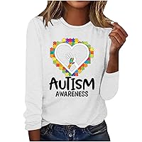 Autism Awareness Letter T-Shirt Women Funny Puzzle Love Heart Graphic Tee Tops Long Sleeve Crewneck Pullover Blouse