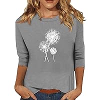 Women's 3/4 Sleeve Summer Tops, Women's Loose Casual Floral Print Round Neck Three-Quarter Sleeves