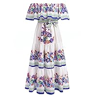 Women Mexican Dress Off Shoulder Floral Long Maxi Dress Summer Beach Party Cinco de Mayo Dresses with Belt