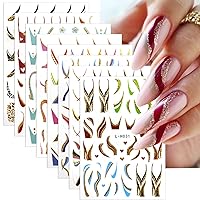 8 Sheets Shiny Line Nail Stickers for Nail Art, French Tip Nail Art Stickers 3D Glitter Wavy Stripe Nail Decals Gold Nail Tip V Shape Lines Nail Art Design Supplies for DIY Acrylic Manicure Decoration