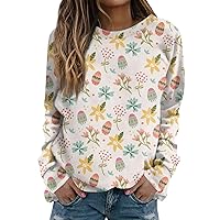 Easter Outfits for Women,Women's Long Sleeve Casual Fashion Easter Egg and Bunny Printing O-Neck Pullover Top Blouse