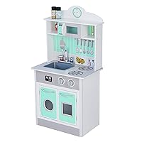 Teamson Kids Little Chef Madrid Classic Interactive Wooden Play Kitchen with Sink, Oven, Microwave and Storage Space for Easy Clean Up, Gray with Mint Accents