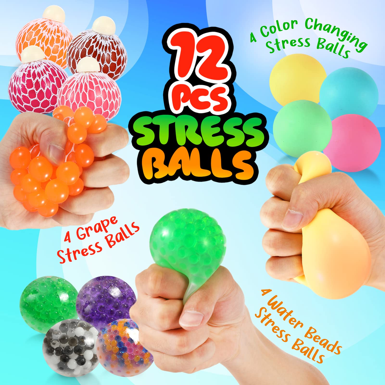 OleOletOy Stress Balls for Kids and Adults - 12 Pack Sensory Toys - Squishy Balls with Water Beads for Anxiety Relief - Fidget Toys for Autism, ADHD, Prize Box for Children