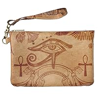 Makeup Bag 9.5 x 6 inch Ethnic Pharaon Purse Pouch Ankh Ancient Cosmetic Print PU Leather Toiletry Zipper Travel Case Strap Accessories Storage Horus of Eye Portable Organizer Design Egyptian
