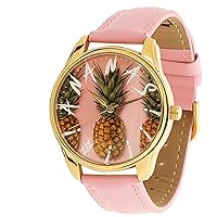 ZIZ Ananas Pink Gold Watch, Unisex Wrist Watch, Quartz Analog Watch with Leather Band