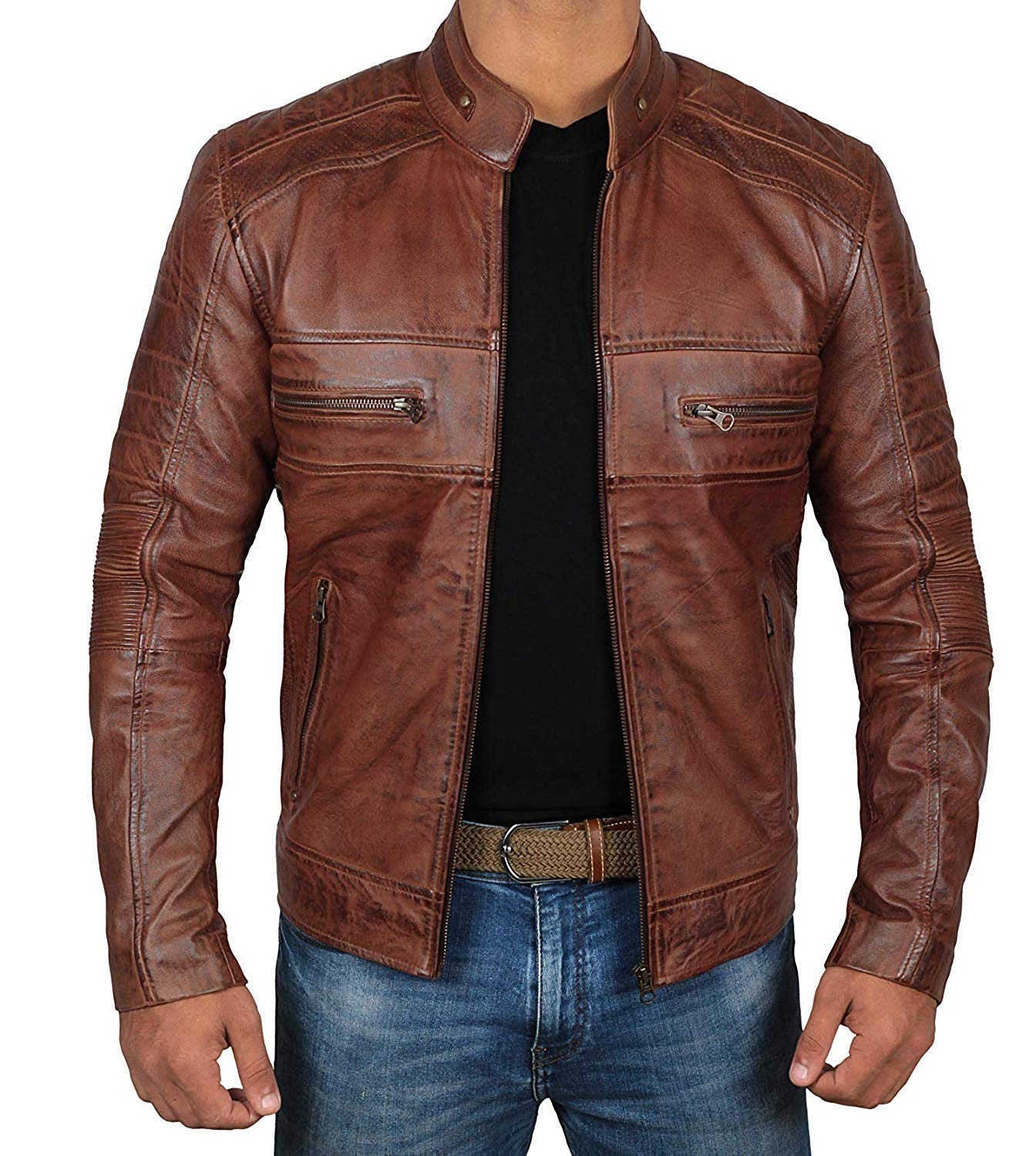 Decrum Brown Leather Jacket Mens - Cafe Racer Real Lambskin Leather Distressed Motorcycle Jacket