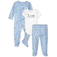 The Children's Place Baby Newborn Take Me Home Set, 100% Cotton, Short Bodysuit and Pants, Long Sleeve Sleep and Play 3-Pack, Animal Alphabet/Love My Family, 0-3 Months