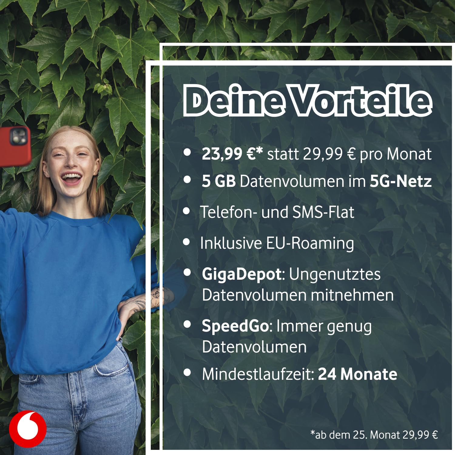 Vodafone Mobilfunkvertrag GigaMobil XS | Jetzt 5 GB Datenvolumen | Zusätzlich 24 x 20% Tarifrabatt | 5G-Netz | EU-Roaming | Telefon- SMS-Flat ins deutsche Netz