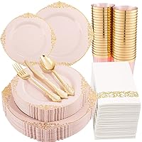 Morejoy 175pcs Pink Gold Plastic Plates-Pink Disposable Plates include: 25 Dinner Plates,25 Dessert Plates, 25 Forks, 25 Spoons,25 Knives, 25 Cups,25 Napkins for Wedding &Tea Party & Monther's Day
