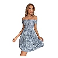 Summer Dresses for Women 2022 Floral Off Shoulder Shirred Mini A Line Dress