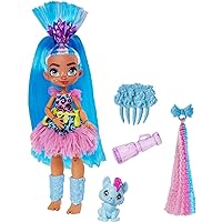 Mattel Cave Club Tella Doll (8-10-inch, Blue Hair) Poseable Prehistoric Fashion Doll with Dinosaur Pet and Accessories, Gift for 4 Year Olds and Up