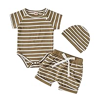 Baby Boy Going Home Outfit Infant Boys Girls Short Sleeve Striped Prints Romper Bodysuit Shorts 9 12 (Khaki, 6-9 Months)