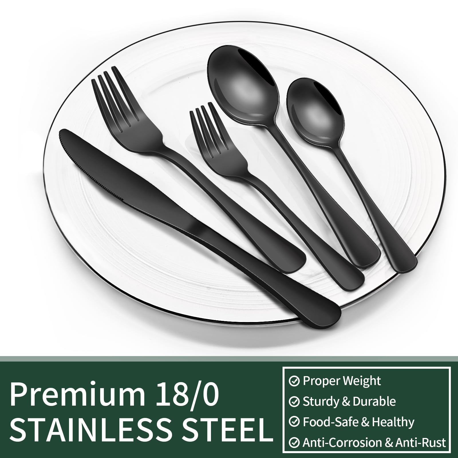 20-Piece Black Silverware Set, EWFEN Black Flatware Set for 4, Food-Grade Stainless Steel Tableware Cutlery Set, Mirror Finished Utensil Sets for Home Restaurant